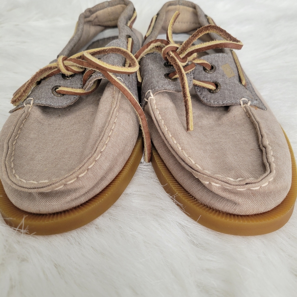 Sperry Top-Sider Boat Shoes Linen & Leather 9 EUC Beige & Blue - Picture 10 of 14